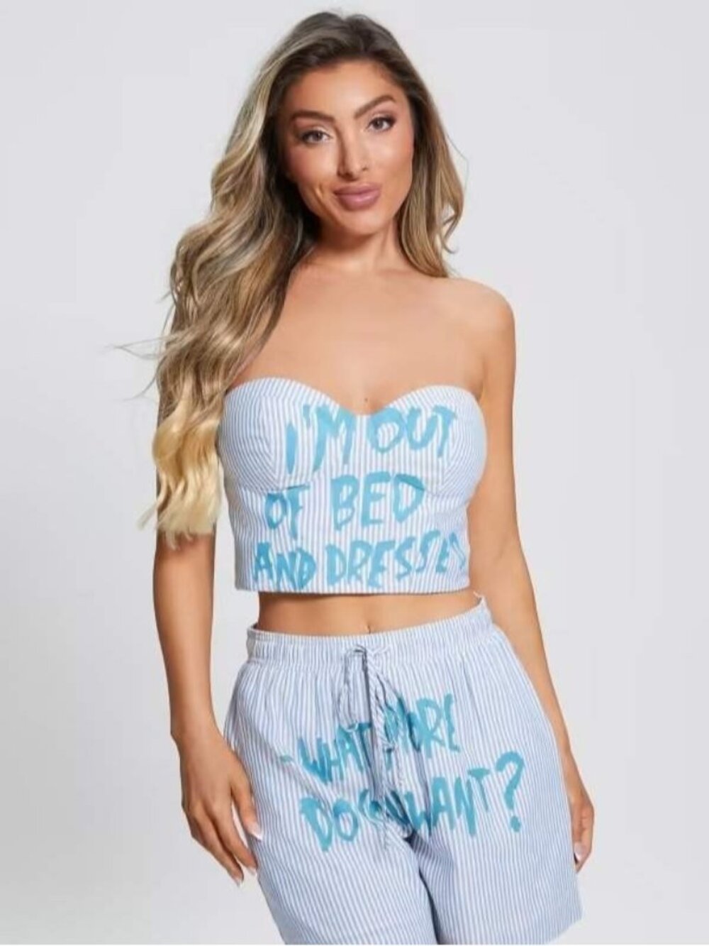 Guess x Brandalised Out of Bed What More Do You Want Stripe Bustier Top ( L )